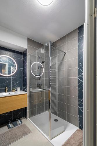 une salle de bain avec douche et lavabo dans l'établissement Appartement charmant au porte de Montpellier, à Saint-Jean-de-Védas