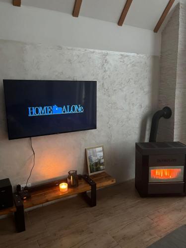 a living room with a tv and a stove at VILA ANÐELIJA Zaovine in Lazići