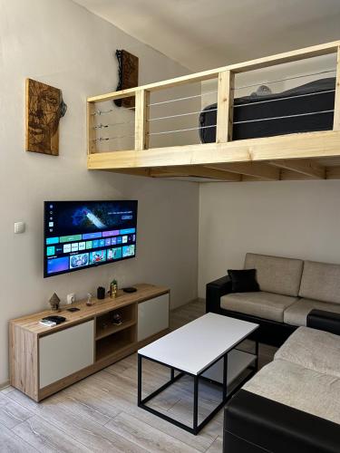 a living room with a couch and a bunk bed at Nina Center Apartment in Skopje