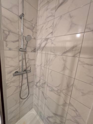 La salle de bains est pourvue d'une douche et de murs en marbre. dans l'établissement Les Ours - Studio Centre Ville, à Rouen