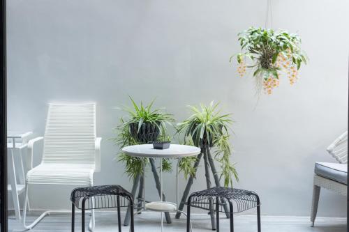 a room with a table and chairs and plants at White Ivory Bed And Breakfast in Bangkok