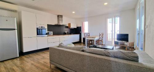 un salon avec un canapé et une cuisine dans l'établissement Maison proche Plage Clim Terrasse Parking, à Banyuls-sur-Mer