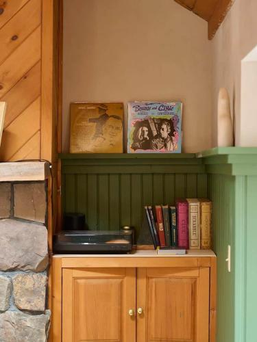 a book shelf with books on top of it at Designer Chalet with Hot Tub and Fire Pit in Margaretville