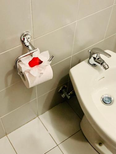 a bathroom with a toilet paper dispenser with a red rose at Hotel Ristoro Cristallo Gran Sasso d'Italia in Assergi