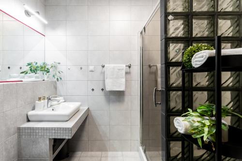 une salle de bain avec un lavabo et une douche dans l'établissement Vistula Suite l A Lovely Place to Be, à Cracovie