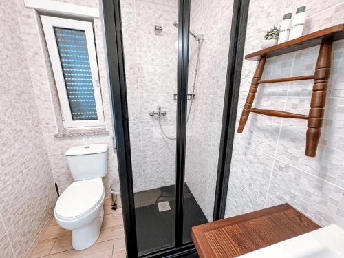 a bathroom with a toilet and a glass shower at Ninho D'Arara in Tondela