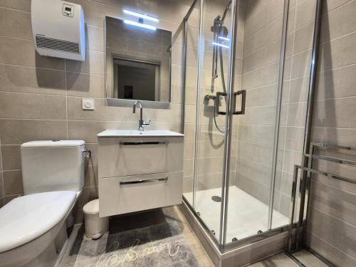 La salle de bains est pourvue d'un lavabo et d'une douche. dans l'établissement Résidence Le Bernascon - Cosy studio proche d'un agréable Parc 