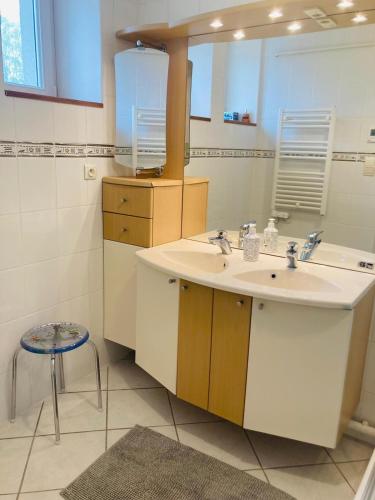 La salle de bains est pourvue d'un lavabo, d'un miroir et d'un tabouret. dans l'établissement Au pied du Lac, à Gérardmer