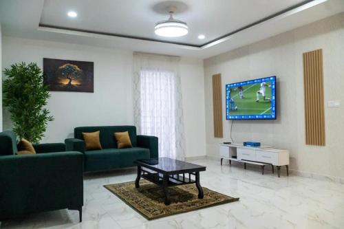 a living room with a couch and a tv at HS Apartment and Duplex in Ogbojo