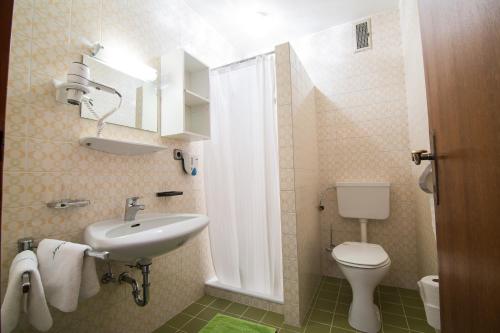 La petite salle de bains est pourvue d'un lavabo et de toilettes. dans l'établissement Gasthof Dickinger, à Bad Wimsbach-Neydharting
