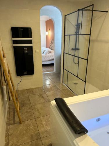 La salle de bains est pourvue d'une baignoire et d'une douche vitrée. dans l'établissement Appartement balnéothérapie avec extérieur, à Montreuil