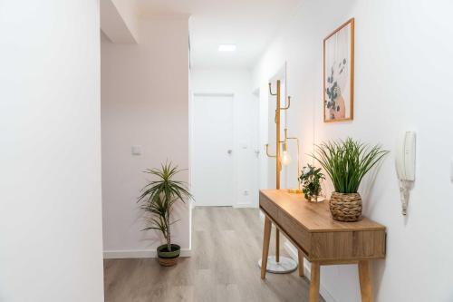 a hallway with potted plants and a wooden table at Apartamento Verde Atlântico in Ponta Delgada