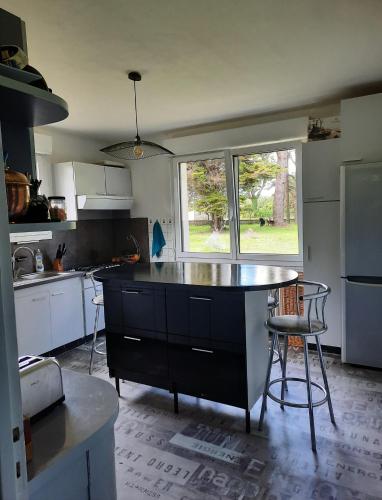 une cuisine avec une grande île au milieu dans l'établissement Maison au bord de l'eau, à Baden