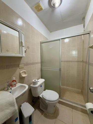 a bathroom with a shower and a toilet and a sink at La Placita - Apartamentos in Las Tablas