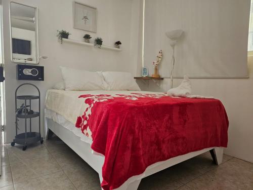 a bedroom with a bed with a red blanket on it at Apartamento Costa Azul en El Pueblito in San Felipe de Puerto Plata