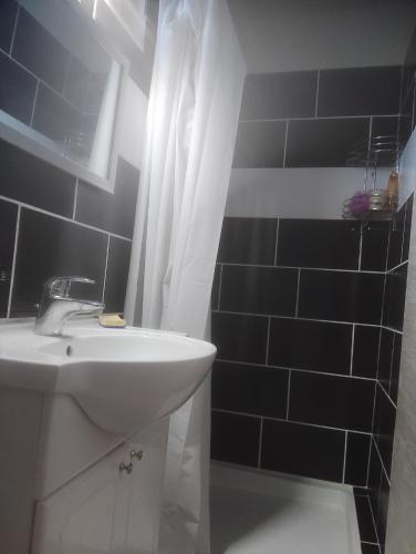 La salle de bains est pourvue d'un lavabo, de toilettes et de carrelage noir. dans l'établissement Petite maison atypique, à Bouillac