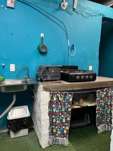 a kitchen with a stove and a blue wall at Pinck House in Circasia
