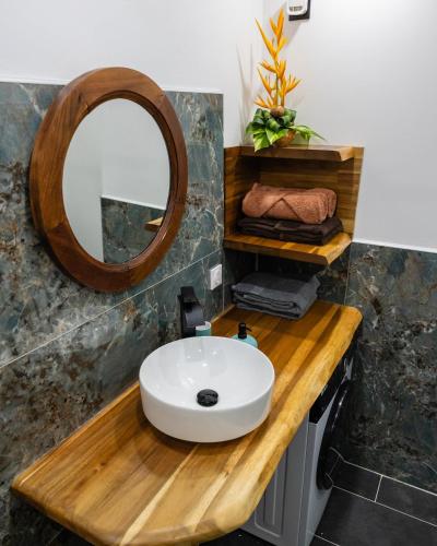 a bathroom with a white sink and a mirror at Kaz 'Bwadend in Le Vauclin