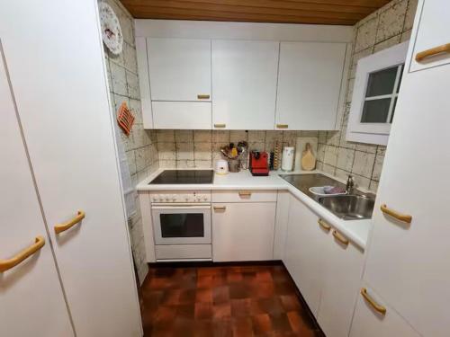 a small kitchen with white cabinets and a sink at Perle am Vierwaldstättersee in Fluelen