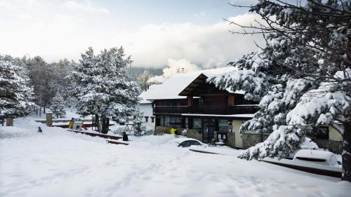 a house covered in snow with trees in front of it at Hotel Avet in La Coma i la Pedra