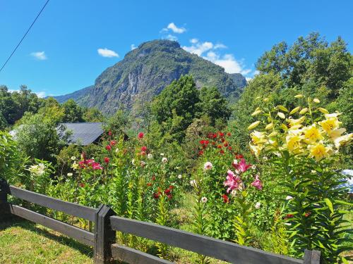 un banco de madera frente a un campo de flores en Cabaña AC Llifén, en llifen