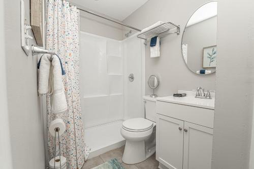 a bathroom with a toilet and a sink and a mirror at Downtown Kimmswick Studio-Renovated-Prime Location in Imperial