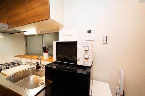 een magnetron bovenop een aanrecht bij Shin-Nakano House in Tokyo