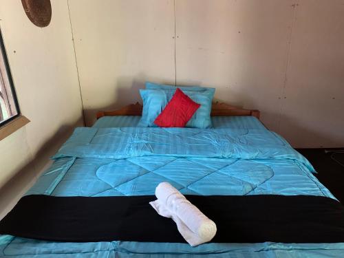 a room with a bed with blue sheets and red pillows at Chanmolfarmstay in Phumĭ Chŭb Chănt Sâr