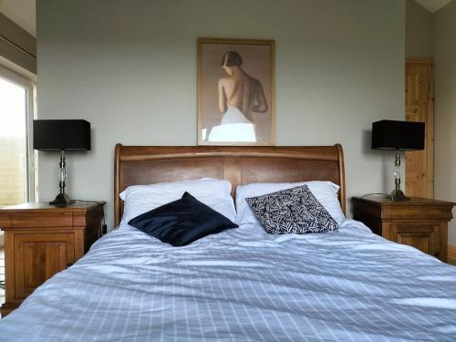 a bedroom with a bed with two pillows on it at Ballyhoura Country Retreat 1 Bedroom Apartment in Kildorrery