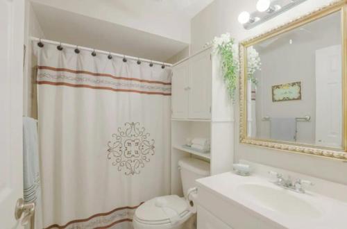 a bathroom with a toilet and a sink and a mirror at 1209 Marco Island in Marco Island