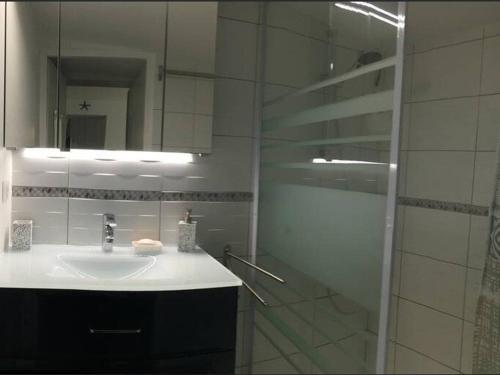 une salle de bain avec un lavabo et une douche avec un miroir dans l'établissement Charmante maison moderne près de la plage à Berck - FR-1-646-81, à Berck-sur-Mer