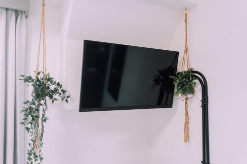 a flat screen tv hanging on a wall with plants at Minimalist Loft Namba Compact Studio with a 24-hour Gym MA1003 in Osaka