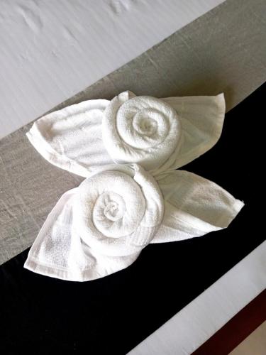 two white roses on top of a table at Villa Koratuwa in Ahangama