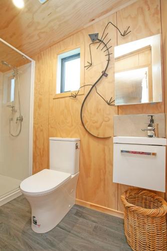 a bathroom with a toilet and a sink and a mirror at Boutique Country Retreat -Outdoor bath in Hamilton