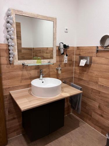 a bathroom with a sink and a mirror at Hotel Am Vogelsang in Gevelsberg