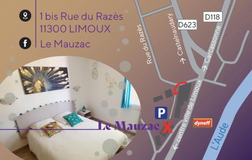 - une carte d'une chambre avec un lit dans l'établissement Les Grizzlies-le Mauzac, à Limoux