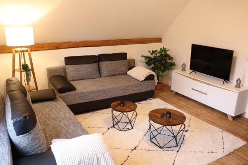 a living room with a couch and a flat screen tv at charmantes Apartment mit voll ausgestatteter Küche, Kingsize-Betten, Billard & Tischkicker in Eltville