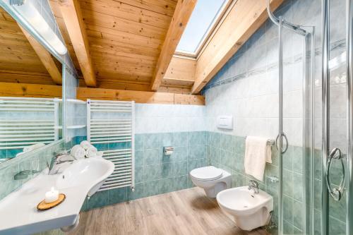 een badkamer met een wastafel, een toilet en een douche bij Formsunhof in Siusi