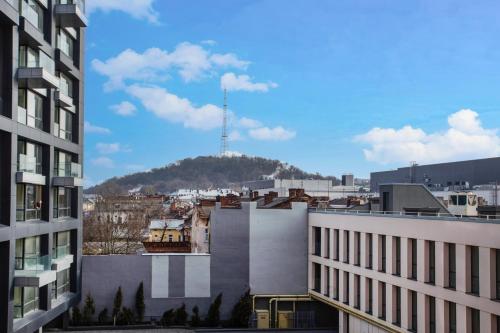 a view of a city with buildings and a mountain at FORUM apart in Lviv