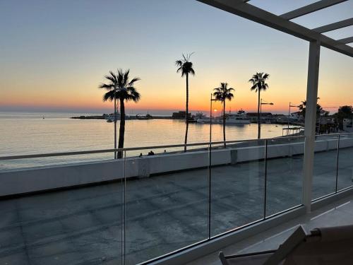 a view of a beach with palm trees and the ocean at Harbour Lights Studio Apartments in Paphos City