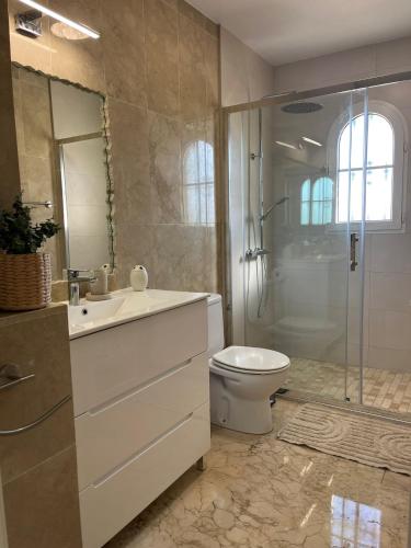 a bathroom with a sink and a toilet and a shower at La casa de Lucas in Orihuela Costa