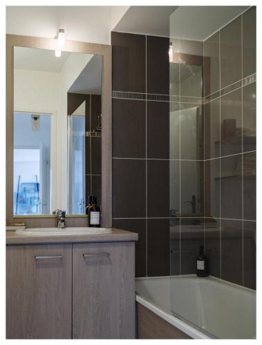 une salle de bain avec une baignoire, un lavabo et un miroir dans l'établissement Super appart entre Disney et Paris avec parking !, à Bailly-Romainvilliers