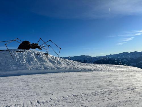 a person sitting on top of a snow covered slope at Villa Marianne in Fügen