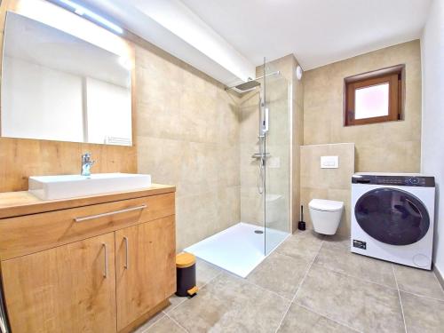 une salle de bain avec un lavabo et une machine à laver dans l'établissement Pépite! Neuf-Familial-Central, à L'Alpe-d'Huez