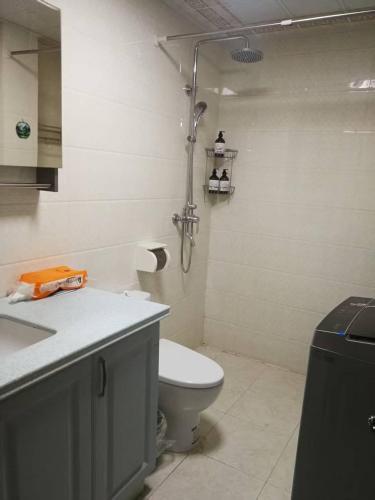 a bathroom with a toilet and a shower in it at Yipinshiguang B&B in Harbin