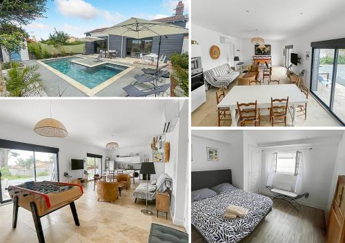eine Collage mit Fotos von einem Wohnzimmer und einem Haus in der Unterkunft Piscine privée proche Thalassothérapie et Mer in Pornic