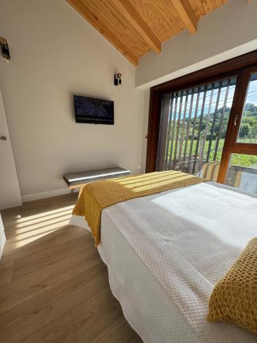 a bedroom with a large bed and a large window at Casa a Xanela Azul in Celanova