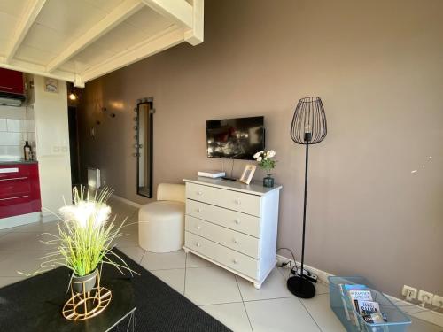 sala de estar con cómoda y lámpara en La lumière du lac, duplex avec vue lac, parking, en Veyrier-du-Lac