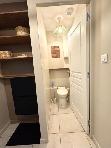 La salle de bains est pourvue de toilettes et d'un placard. dans l'établissement La Cachette, à Dijon