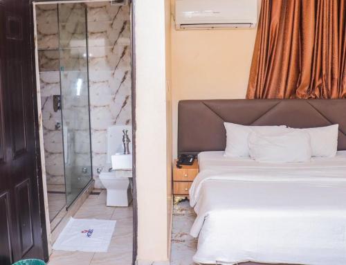 Un dormitorio con una cama y un baño con ducha. en Top View Hotel, Abuja, en Abuja
